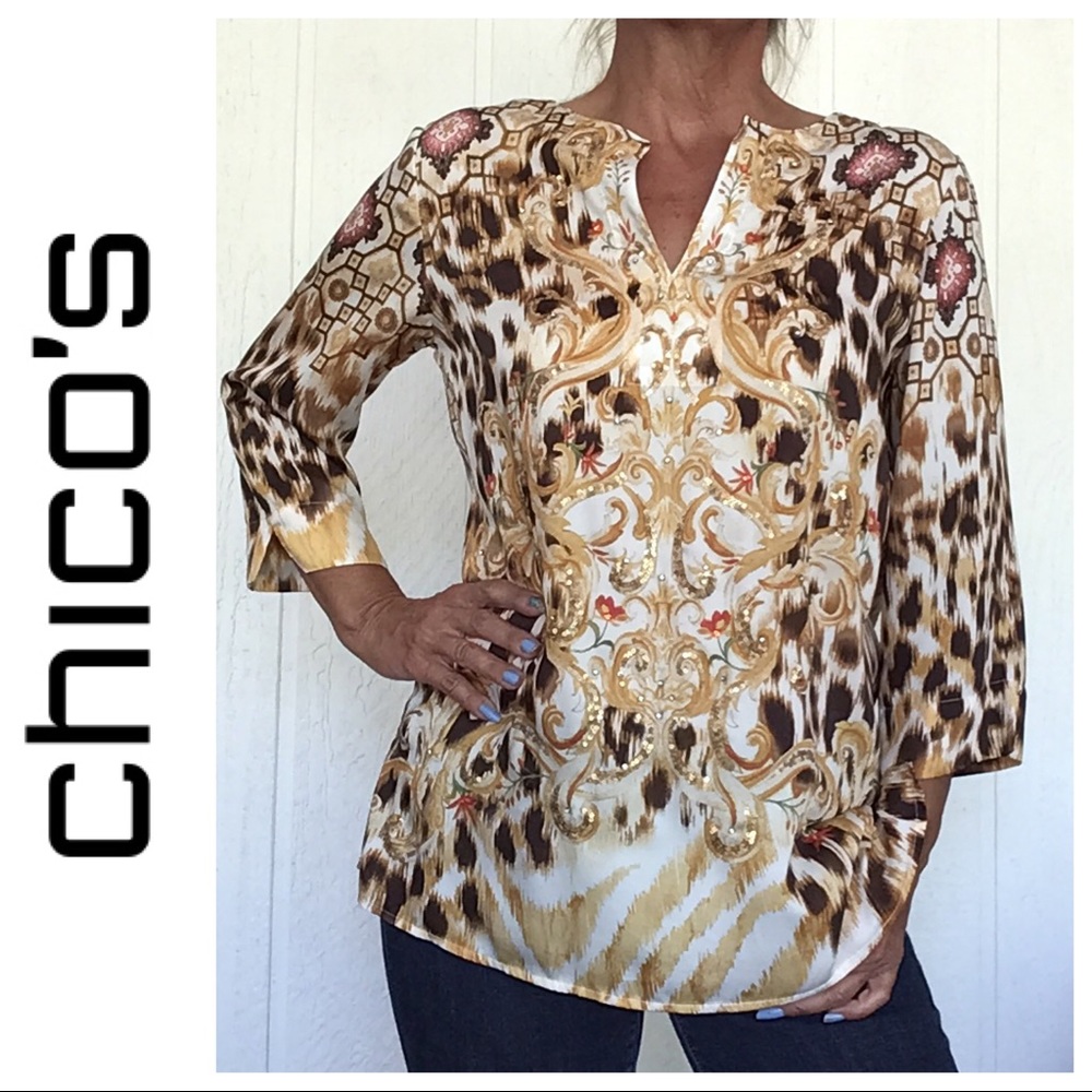 CHICOS SCROLL PATTERNED GOLD EMBELLISHED SILKY TUNIC SMALL